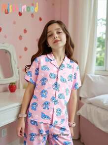 Tween Girl' Stylish Print V-Neck Fireproof Fabric Sweet Pink & Blue Graphic Short Sleeve Top & Pants Home Outfit Cute Pj Sets Young Girl Summer Outfits