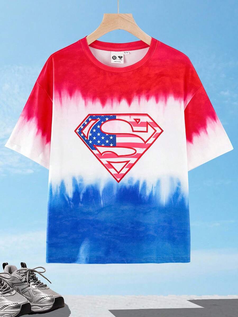 SUPERMAN X SHEIN Tween Boys Cartoon Superhero & Tie-Dye Print Loose Fit Dropped Shoulder Short Sleeve T-Shirt