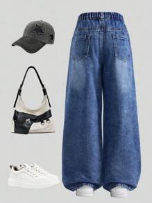 SHEIN TWEEN GIRLS 百搭休闲直筒牛仔裤，柔软复古水洗面料，适合户外和所有季节