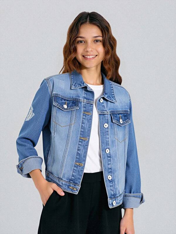 Tween Girls Y2K Denim Jackets & Coats, New Autumn/Winter Oversized Distressed Washed Blue Denim Jacket, Comfortable Casual Fashion Outerwear For Tween Girls