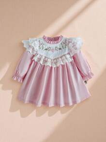 Souflis Souflis Robe de princesse élégante de style palais pour bébé fille, col et manchettes en dentelle multi-couches, col de princesse avec petit revers à broderie florale de palais, pour l'automne/hiver