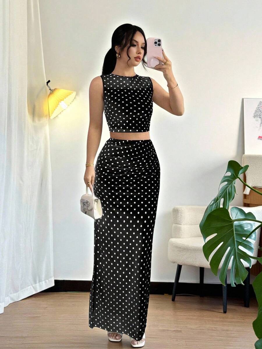 Chiquease 女士优雅波尔卡圆点印花无袖上衣和褶皱裙两件套