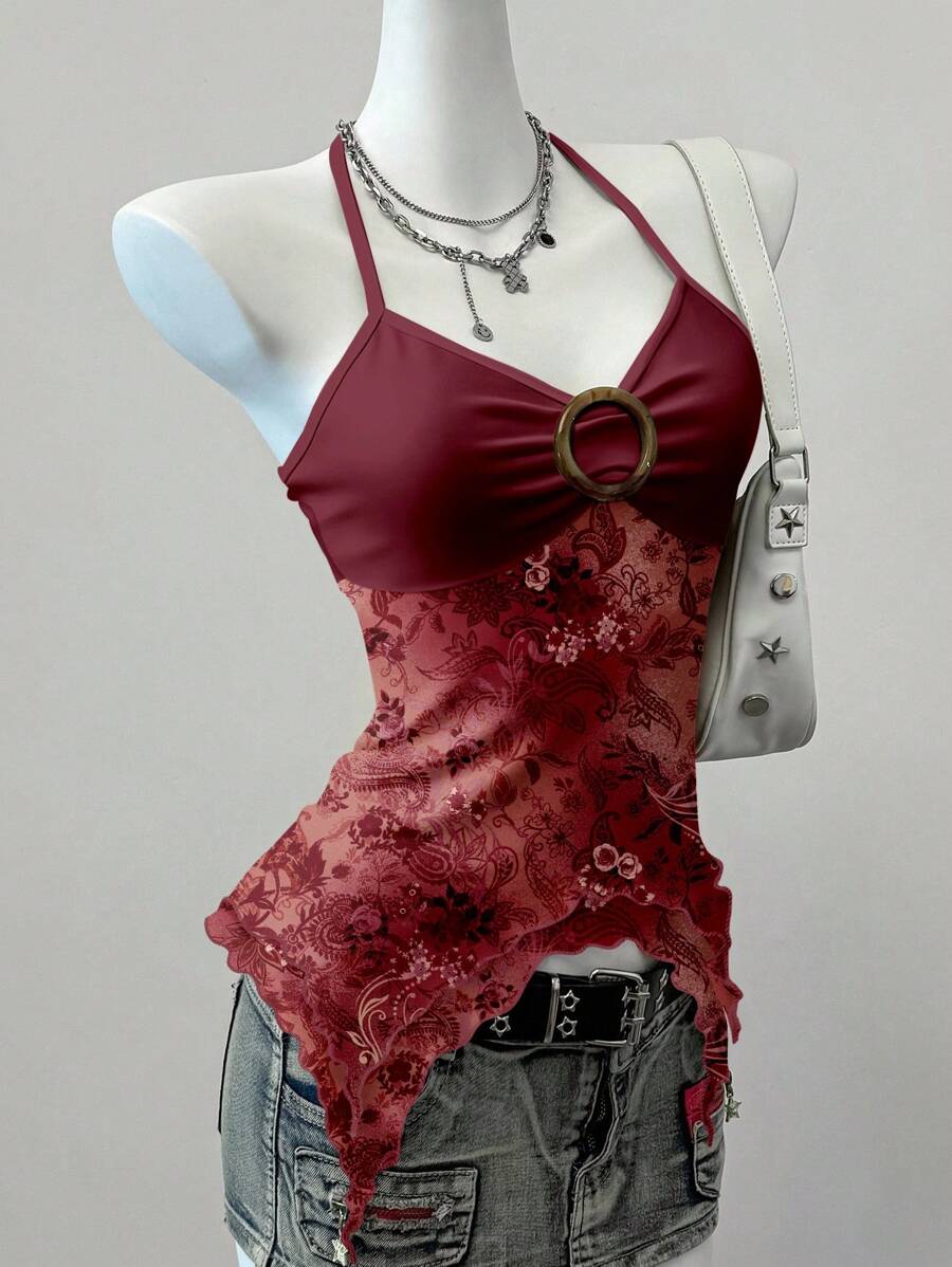 SHEIN EZwear Camiseta informal de encaje con estampado floral retro para mujer, adecuada para el verano