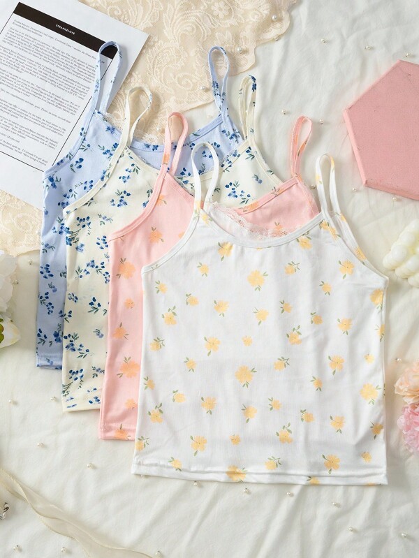 4 pièces/set Sous-chemises confortables et douces avec bordure en dentelle et imprimé floral mignon, convenant aux enfants de 9 à 12 ans