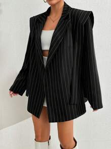 EURMUSE Women's Navy Striped Casual Blazer Jacket - Black - View 6