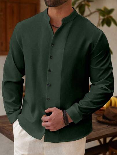 Manfinity RSRT 1 件男士加大码纯色前扣优雅长袖衬衫