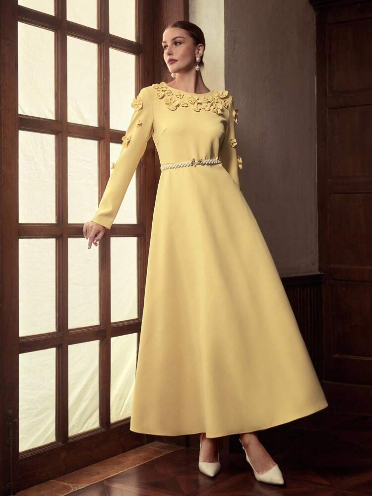 ZEYLAH Women's Round Neck Long Sleeve Elegant 3D Faux Pearl Flower Long Dress Fall Cloth For Women