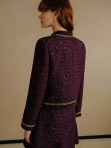 MOTF PREMIUM 粗花呢亮片撞色链条饰带毛边夹克 - 酒紅色 - 查看 3