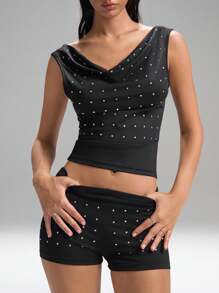 LYSMO Women's Fashion Rhinestone Decor Asymmetric Collar Top, Minimalist Chic,Grunge And Punk Chic, Y2K Clothes, Edgy Clothes Woman And Unique Clothes 2025 New Arrival - Black - View 3