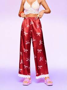 Notgurli Women's Bow & Polka Dot Print Contrast Lace Pajama Pants, Loungewear Bottom - Burgundy - View 3