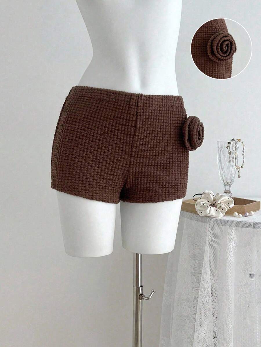 SHEIN Unity 2025 New Style Women Hollow Out 3D Rose Design Casual Shorts - Brown - View 1