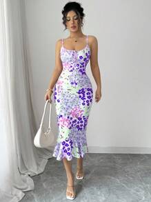 Elenzga 全新彩色花卉性感法式优雅夏日假日沙滩裙，收腰，荷叶边饰边，舒适肩带 - 紫色 - 查看 4