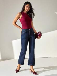 Mid Waist Dark Wash Elegant Flare Jean - Dark Wash - View 4