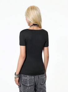 StreetHx Women's Gothic Retro Pattern Rhinestone Decor Punk Rock Y2K Streetwear Short Sleeve V-Neck T-Shirt, Bodycon Comfortable Casual Everyday Wear, Suitable For Back To School Season - Black - View 4