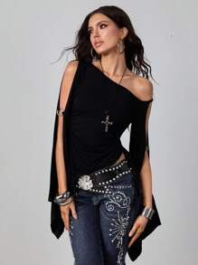 ROMWE Hippie 复古不对称束腰蝙蝠袖女式休闲T恤 - 黑色 - 查看 5