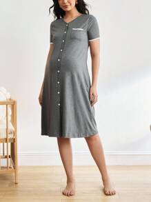 Maternity Contrast Binding Button Front Nightdress For Mother - Grey - View 3
