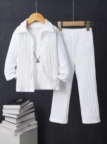 Completo casual per ragazzo, composto da camicia a maniche lunghe e pantaloni in un unico colido