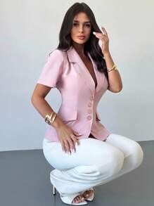 女士优雅修身A字短袖薄款西装外套，荷叶边粉色，适合通勤、夏季、教师穿着。 - 藕粉色 - 查看 6