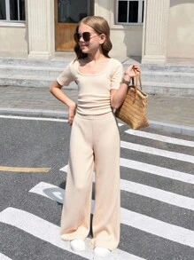 SHEIN 青少年女孩休闲时尚百搭针织纹理圆领褶皱腰修身短袖上衣和宽松阔腿长裤套装，周末休闲出游，返校 - 卡其色 - 查看 1