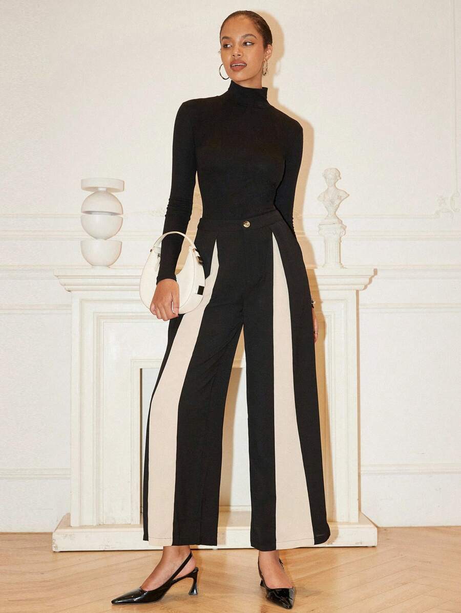 SHEIN Unity 女士优雅褶皱拼色阔腿裤 - 杏色 - 查看 1
