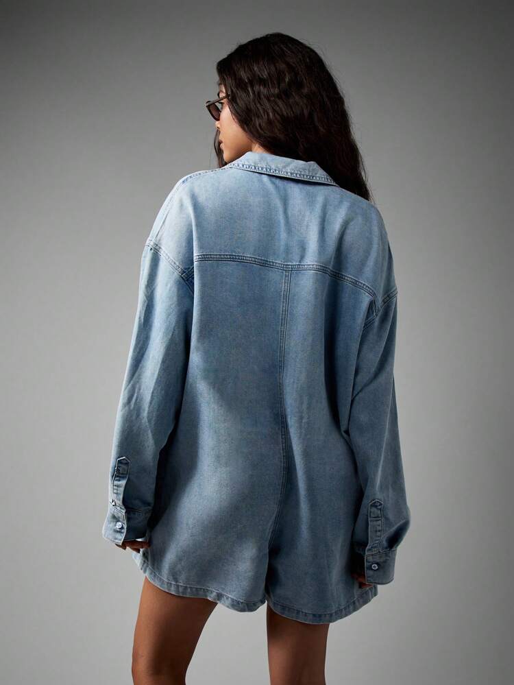 Oversized Denim Button Down Playsuit With Collar