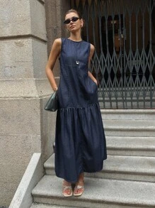 DAZY 女士休闲水洗牛仔无袖迷你连衣裙 - 藍色 - 查看 5