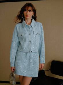 MOTF PREMIUM CONTRAST SEQUIN BUTTON UP DENIM JACKET - Blue - View 6