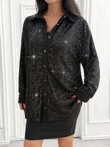 SHEIN Cottnline Women Solid Color Sequin Detailed Long Sleeve Blouses - Black - View 5