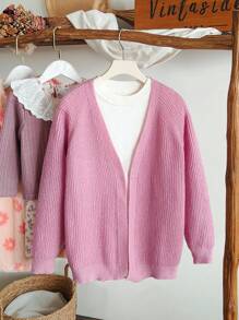 SHEIN Tween Girls' Solid Color Raglan Long Sleeve Loose Casual Cardigan Fall Winter - Pink - View 1