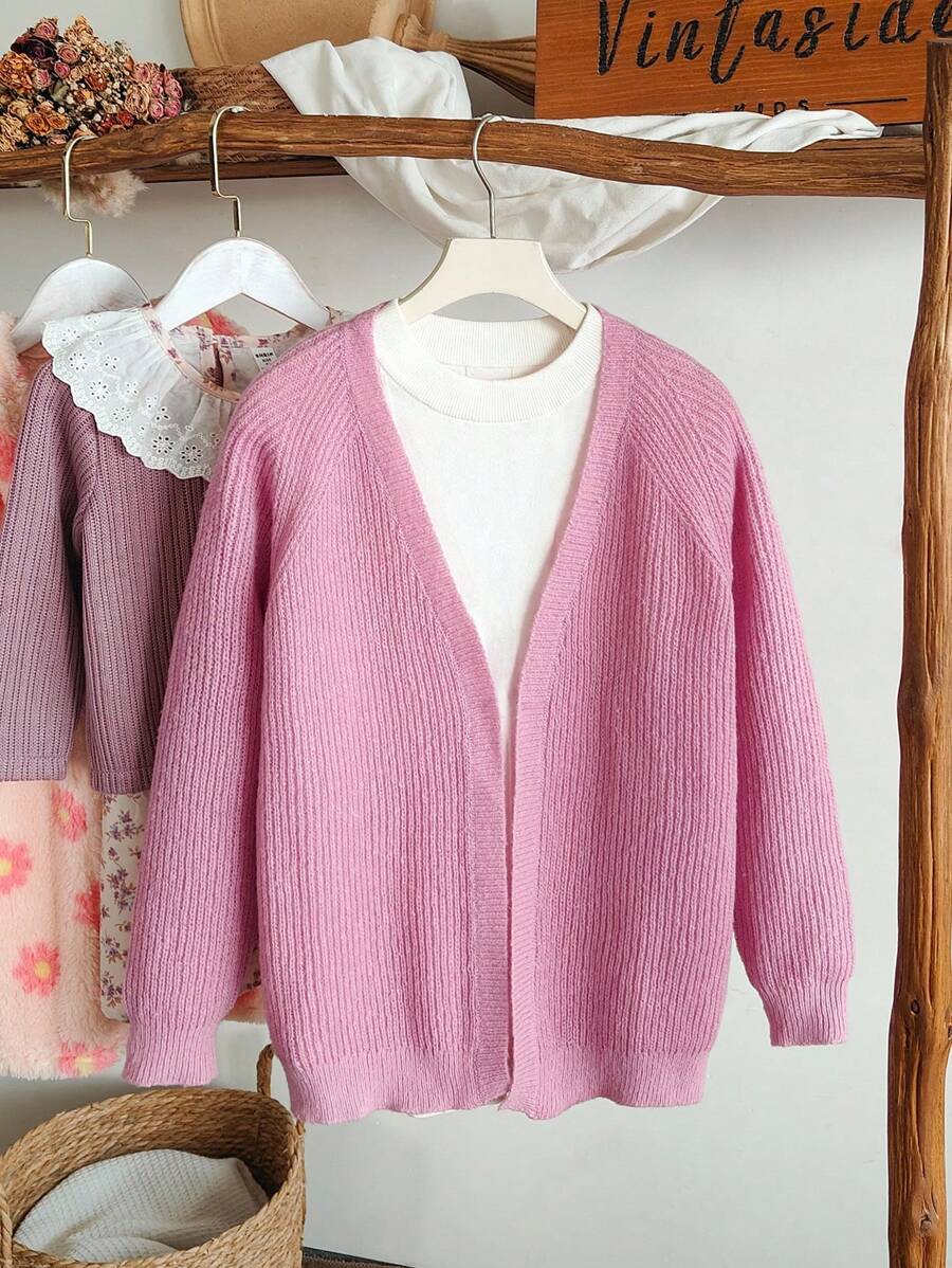 SHEIN Tween Girls' Solid Color Raglan Long Sleeve Loose Casual Cardigan Fall Winter - Pink - View 1