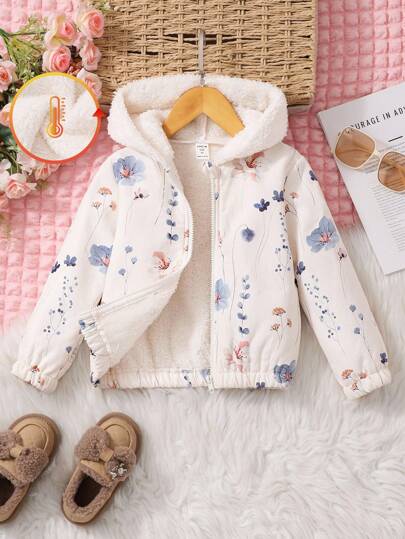 Young Girls Jacket, Apricot Base Floral Print Coat, Composite Fabric, Casual & Fashionable For Autumn/Winter Fall