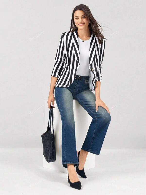 Miaspire Black & White Striped Puff Sleeve Women's Blazer Jacket, Suitable For Commuting & Casual Wear
