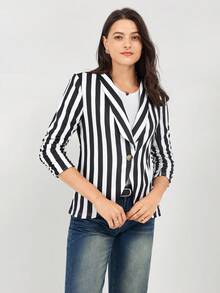 Miaspire Blazer de mujer con mangas abullonadas en rayas blancas y negras, adecuado para usar en la oficina y para vestir casual