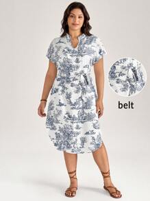 SHEIN LUNE 女士加大码休闲度假印花系带连衣裙加大码衬衫连衣裙蓝白相间连衣裙女士加大码束带连衣裙返校西部装女士街头装复古基本款返校秋季外出运动服商务休闲女装 - 彩色 - 查看 3