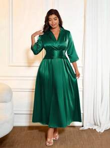 Cravure 大码女式商务休闲优雅长袖亮面面料连衣裙 - 綠色 - 查看 3