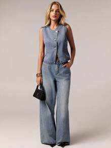 SHEIN Forever 21 夏季新款中蓝色水洗无袖休闲度假牛仔背心女款 - 淺藍色 - 查看 5