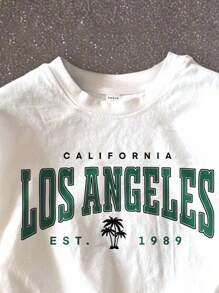 SHEIN Camiseta de manga corta con cuello redondo y estampado de letra minimalista casual para niños preadolescentes, adecuada para el verano