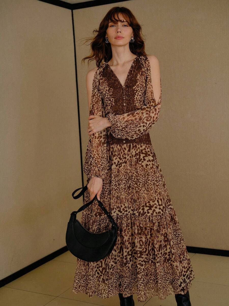 MOTF PREMIUM LEOPARD PRINT COLD SHOULDER LANTERN SLEEVE LACE TRIM FLOWY HEM LONG DRESS - Multicolor - View 1