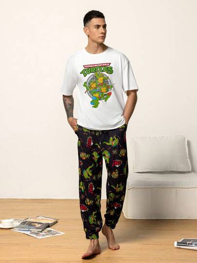 TEENAGE MUTANT NINJA TURTLES | SHEIN Herrset med kortärmad topp och fickor i sköldpaddsmönster för loungewear