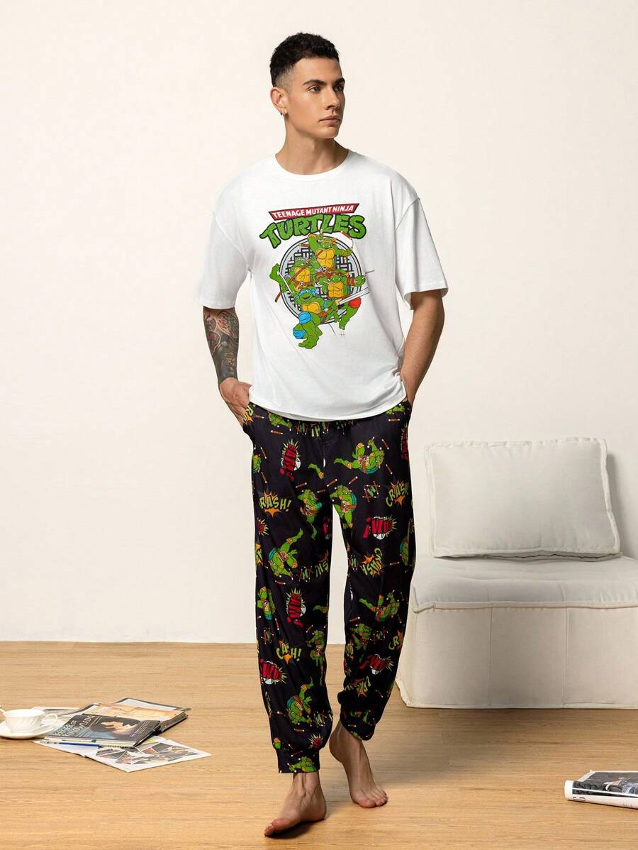 TEENAGE MUTANT NINJA TURTLES | SHEIN Men's Cartoon Turtle Pattern Short Sleeve Top And Pocket Pants Loungewear Set