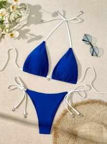 Swim Vcay 2pcs/Set Women Beach Blue & White Halter Tie-Up Sexy Bikini Swimsuit, Shell Decor, Suitable For Beach, Pool, Leisure Party & Holiday, Spring/Summer