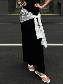 DAZY 女士花卉蕾丝侧结时尚半身裙秋季半身裙 - 米色 - 查看 5