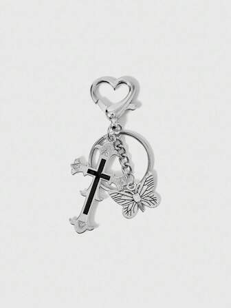 Goth Porte-clés vintage de métal noir croisé et papillon cool, avec un fermoir en forme de cœur, accessoire