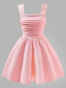 青少年女孩无袖修身中长连衣裙，百搭伴娘/婚纱，粉色纹理面料，夏季/秋季 - 粉色 - 查看 1