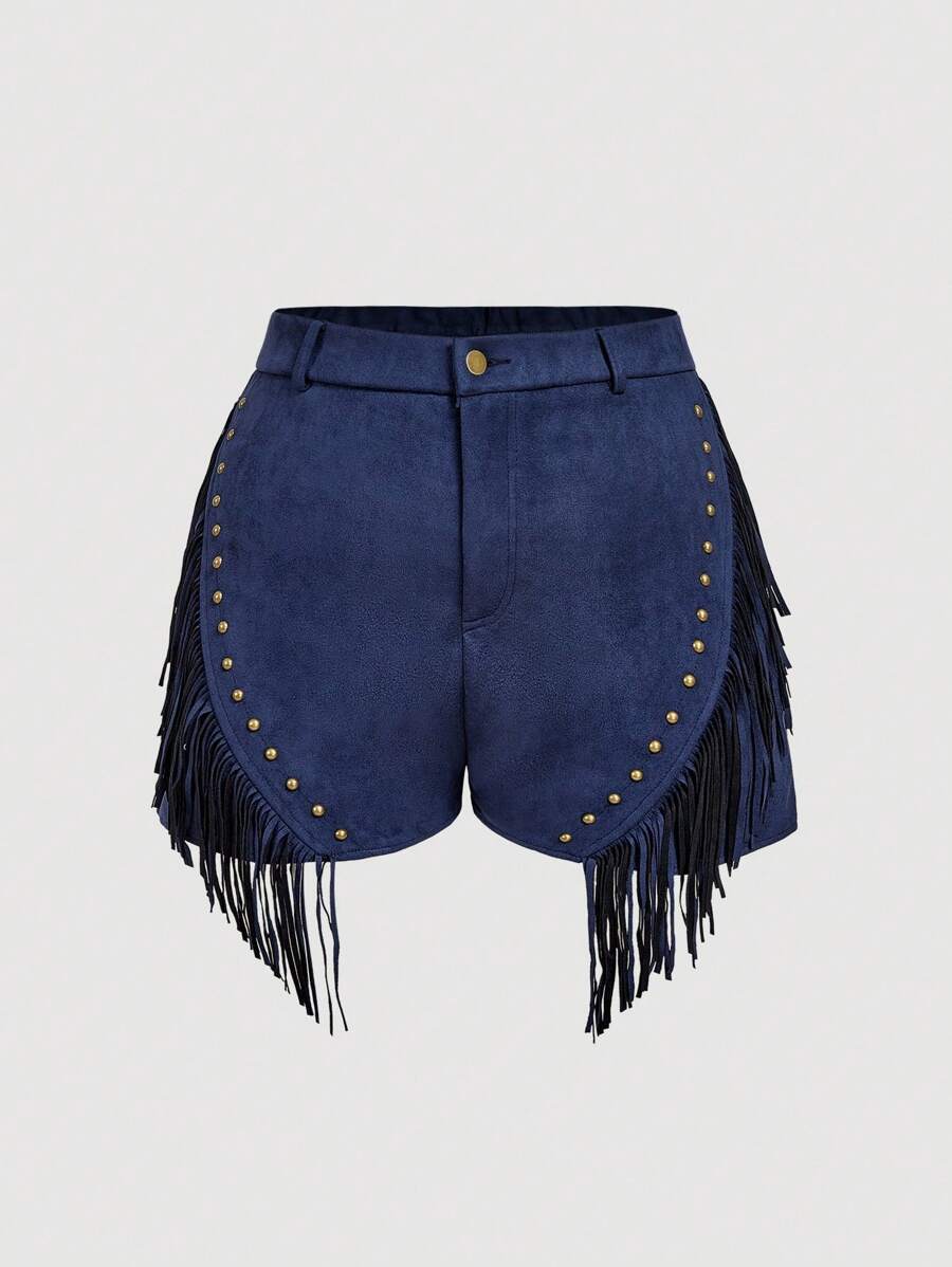 SHEIN MOD Plus Size Tassel Shorts, Suitable For Music Festival, Summer,Vintage Hippie Rivet Fringe Camel Suede Shorts,Nashville,Pirate Shorts,Western Wear - Navy Blue - View 1