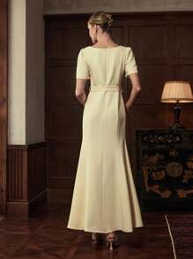 ZEYLAH Sukienka damska w jednolitym kolorze z krótkim bufiastym rękawem i eleganckim wykończeniem w kształcie ryby - Żółty - Zobacz 3