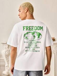 SWAVVY 休闲日常男士T恤 FREEDOM 地球元素图案印花宽松圆领短袖T恤 - 白色 - 查看 3