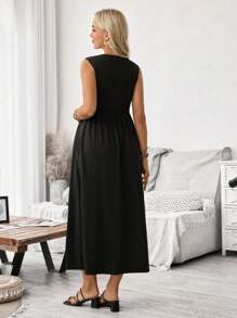 SHEIN Vestido de maternidad de línea A con bolsillos asimétricos de unicolor - Negro - Ver 2