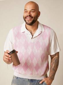 EASEVO Plus Size Men's Knit Casual V-Neck Diamond Patterned Sweater Vest, For Fall Winter