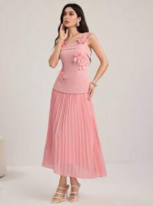 Modelyn 女式 3D 花朵装饰中长连衣裙，撞色材质贴片 A 字连衣裙，粉色连衣裙，女士夏季优雅连衣裙，玫瑰连衣裙，百褶连衣裙，女士时尚休闲秋季服装，可爱复古朴素女士服装，返校学校服装，返校连衣裙，女士教师服装 - 粉色 - 查看 5